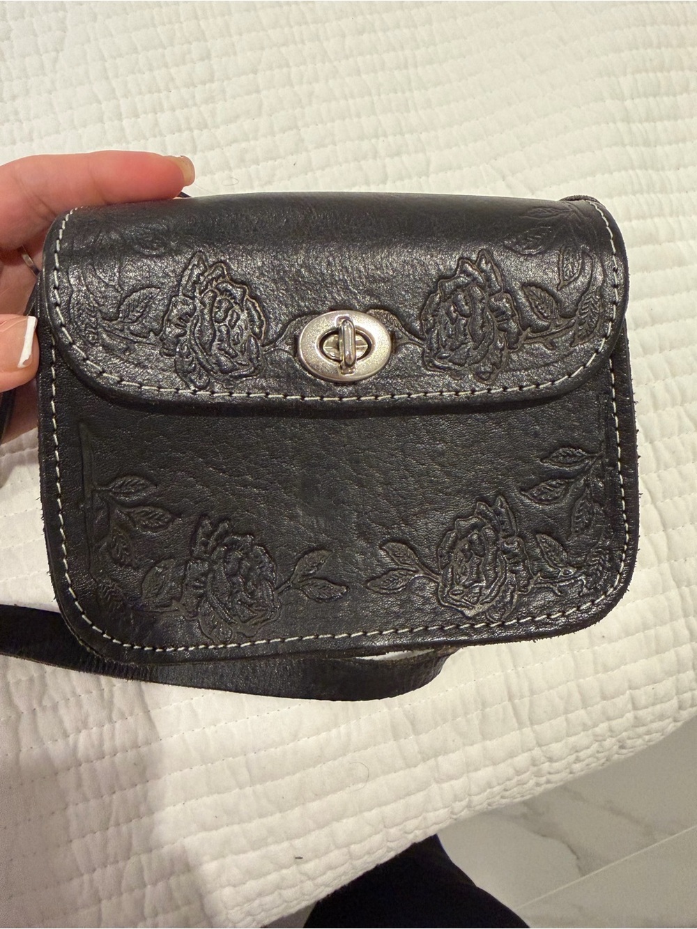 Black Floral Embossed Leather Crossbody Bag
